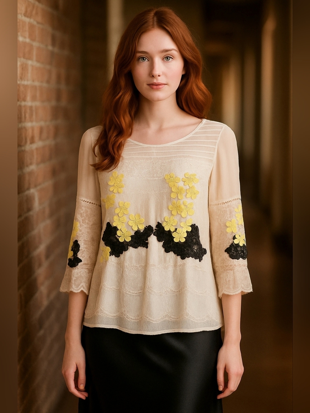 Cream, Yellow & Black Embroidery & Lace Lined, Semi Sheer Top M
